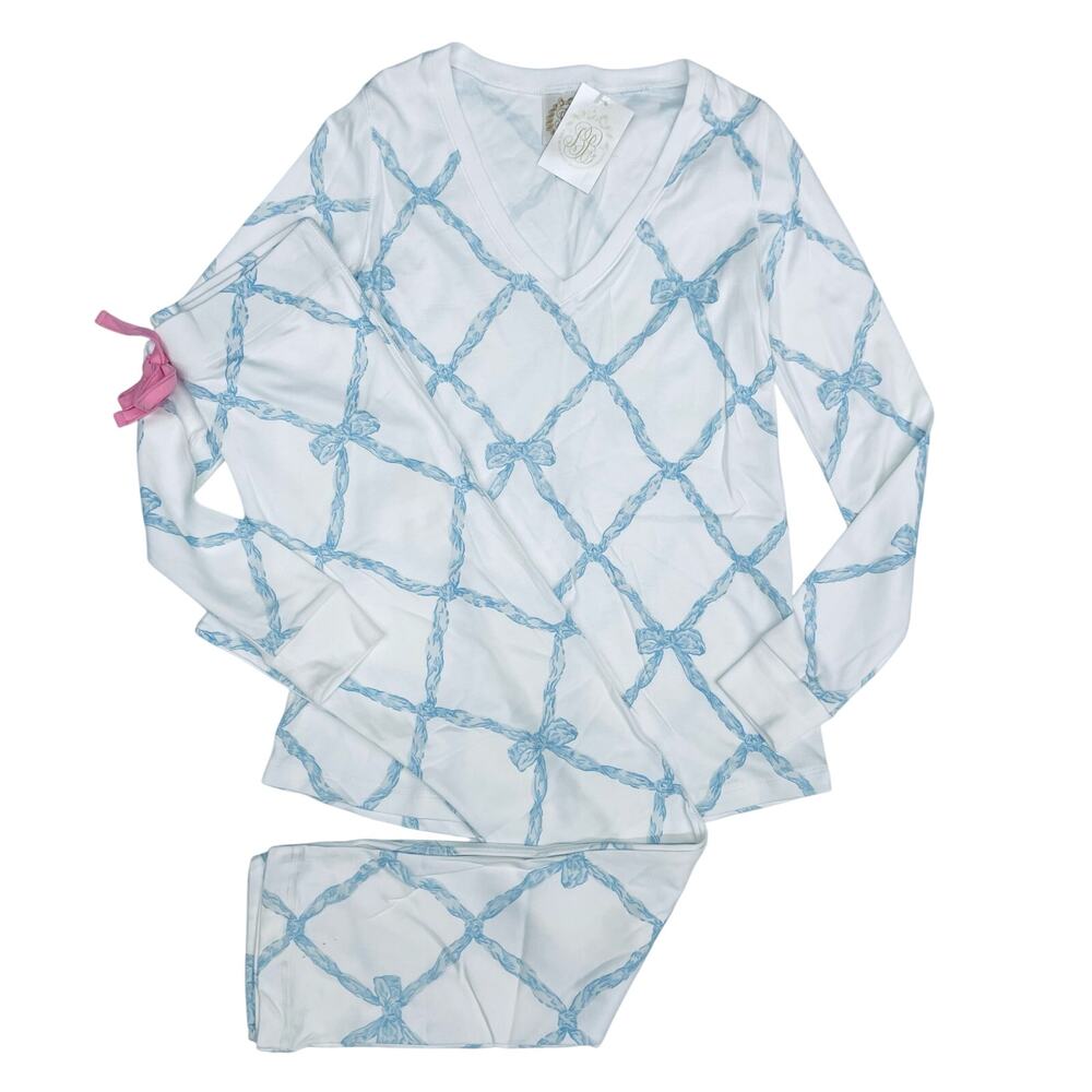 The Beaufort Bonnet Company White & Light Blue Rope-Print Cotton Pajama Set